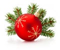 Christmas red decoration bauble and fir tree branch isolated on white background Royalty Free Stock Photo