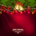 Christmas red design with golden bells, spruce branches and shining lights Royalty Free Stock Photo