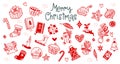 Christmas red elements in doodle style vector set on white Royalty Free Stock Photo