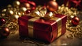 Christmas red gift with gold ribbon, against a bokeh background of Christmas balls in gold and red. AI Generated Royalty Free Stock Photo