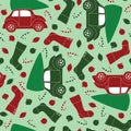 Christmas Red and Green Cars, Stockings, Candy Canes, and Ornaments Surface Design Textiles Seamless Repeat Pattern Design