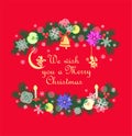 Christmas red green greeting craft card with paper cutting conifer branches wreath with hanging gold angels, jingle bell, poinsett