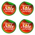 Christmas red,green sale stickers set 10, 20, 30, 40 percent off Royalty Free Stock Photo