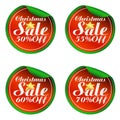 Christmas red,green sale stickers set 50, 55, 60, 70 percent off Royalty Free Stock Photo