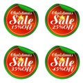 Christmas red,green sale stickers set 15, 25, 35, 45 percent off Royalty Free Stock Photo