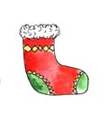 Christmas red green sock for gifts from Santa watercolor illustration