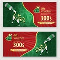 Christmas red green voucher template with fbottle shampagne, snowflakes and christmas trees. Gift coupon