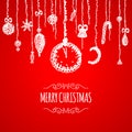 Christmas red greeting card with hanging bauble Royalty Free Stock Photo