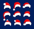 Christmas red hats icon set. Santa Claus costume vector illustration. New Year photography portreit decoration element. Royalty Free Stock Photo