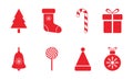 Christmas red icon set. Merry Christmas decoration elements with snowflakes, santa hat, christmas tree, balls, sock Royalty Free Stock Photo
