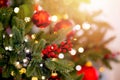 Christmas red pine tree with background bokeh light, sun light Royalty Free Stock Photo