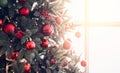 Christmas red pine tree with background bokeh sun light windows, New Year sign. Copy space Royalty Free Stock Photo