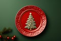 Christmas red plate with christmas tree decorations. Christmas holidays background. Top view. Christmas menu concept Royalty Free Stock Photo