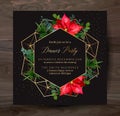 Christmas red poinsettia, eucalyptus, fir branch, barberry vector design winter frame on black