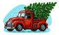 Christmas red retro truck with green pine tree. Happy holidays vector illustration