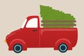 Christmas red retro truck with Christmas tree on beige background. Vintage pickup truck with fir tree, vector illustration. Cute Royalty Free Stock Photo
