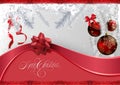 Christmas Red-silver Background with Red Christmas Ornaments and Ribbon Royalty Free Stock Photo