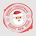 Christmas red stamp with a cute ruddy face of Santa Claus with text and snowflakes