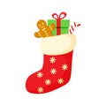 Christmas red stocking with candies, gingerbread man and gifts vector illustration isolated on white background. Royalty Free Stock Photo