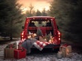 Colored Christmas red tematic truck christmas anniversary backdrop, smash cake, tematic backdrop Royalty Free Stock Photo