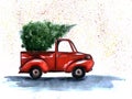 Christmas red truck hauls a Christmas tree