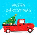 Christmas red truck and tree. Greeting card, december holiday