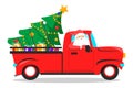 Christmas red truck and tree. Greeting card, december holiday