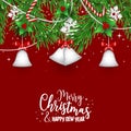 Christmas and New Year red vector winter banner with holly berries, bells with ribbon, branches, magic wands and snowflakes.