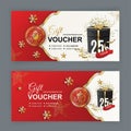 Christmas Red Voucher temolate with Gold Santa in stamp, Rat in stamp . Value 25 dollars for department stores, business