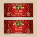 Christmas red voucher template with Santa in emblem, Snoqman in emblem . Value 100 dollars for department stores