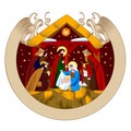 Christmas reeting card with a scene of the Nativity of Christ and Adoration of the Magi and retro ribbon banner isolated on white Royalty Free Stock Photo