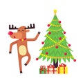 The christmas reindeer dancing near christmas tree