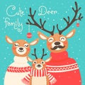 Christmas reindeer family. Cute card with deer is