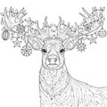 Christmas reindeer with garlands on its horns. Coloring book antistress for adults. Royalty Free Stock Photo