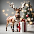 AI-generated Christmas reindeer next to gift box, Christmas symbol