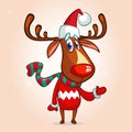 Christmas reindeer in Santa Claus hat and striped scarf pointing a hand. Vector illustration isolated. Royalty Free Stock Photo