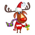 Christmas reindeer in Santa Claus hat and striped scarf pointing a hand. Vector illustration isolated on white Royalty Free Stock Photo