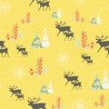 Christmas reindeer seamless pattern with holly berries, fir trees and plants. Scandinavian Nordic style. Vector