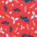 Christmas reindeer seamless pattern with holly berries and snowflakes. Scandinavian Nordic style. Vector