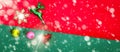 Christmas reindeer snowflake fruits and bell on Red green background with golden snow fall,top  view with copy space Royalty Free Stock Photo