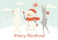 Christmas reindeer, snowman and bear scandinavian card. New year greeting