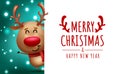 Christmas reindeer vector template design. Merry christmas greeting text in empty blank space with cute waving reindeer character.