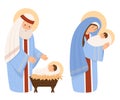 Christmas religious characters. Holy Family. Virgin Mary, Saint Joseph and baby Jesus in manger. Birth of Savior Christ Royalty Free Stock Photo