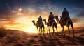 Christmas religious nativity concept. Three wise men on a camels on desert go to Shining bright bethlehem star. Epiphany concept, Royalty Free Stock Photo