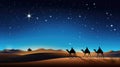 Christmas religious nativity. Three wise men on a camels on desert go to Shining bright Bethlehem star. Epiphany concept, nativity Royalty Free Stock Photo