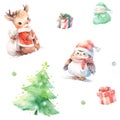 Christmas repeating watercolor pattern with deer and owl