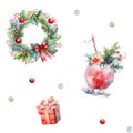 Christmas repeating watercolor pattern with new year drinks and decorations
