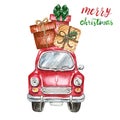 Christmas retro abstract car with gift boxes, isolated on white background. Hand painted watercolor red car for winter holidays Royalty Free Stock Photo