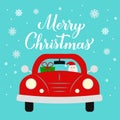 Christmas retro car with cute Santa. Vintage truck delivers gifts. Vector template for winter holidays greeting card