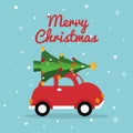 Christmas retro car. Merry Christmas card with red car, bright xmas tree, snowflakes. Winter holiday design. Vector illustration